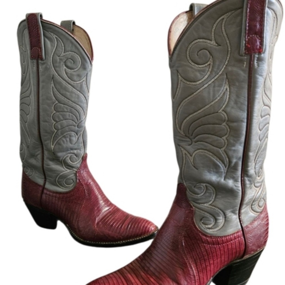 Vintage Dan Post Gray and Burgundy Leather Lizard Western Boots